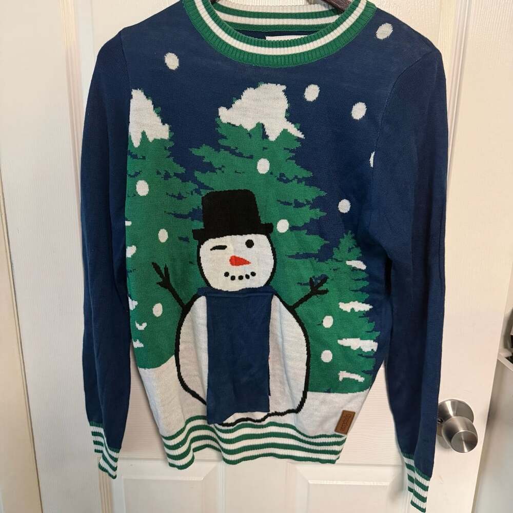 Tipsy Elves Peekaboo Snowman Ugly Christmas Sweater Blue Green Size S
